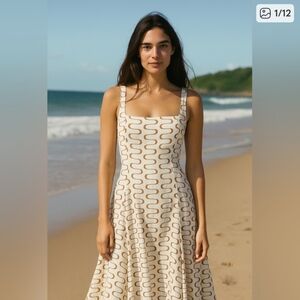 CHRISTIAN LACROIX LINEN BLEND MIDI A-LINE SLEEVELESS DRESS. CREAM/IVORY. SIZE XS